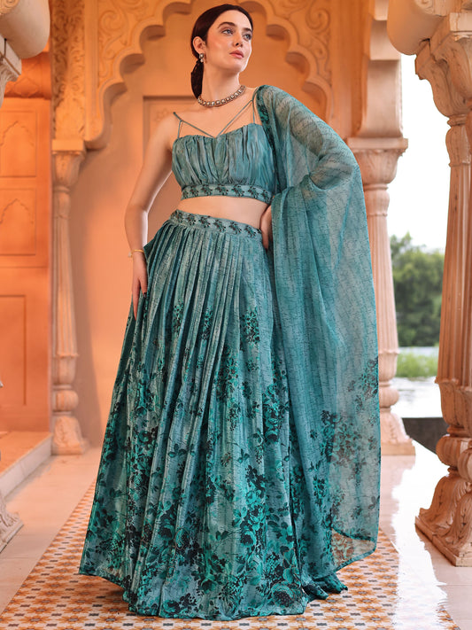 Chinon Printed With Siroski Work Green Lehenga Choli