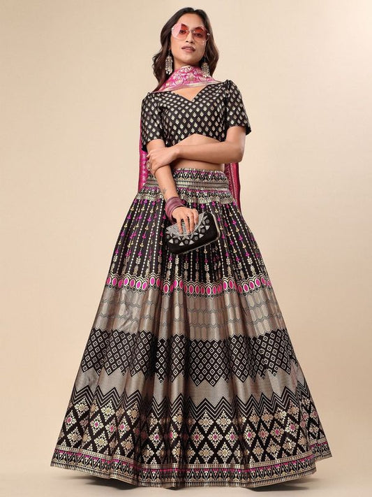 Zari Work Woven Motifs Black Lehenga choli