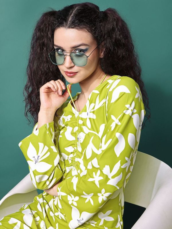 Women Green A line Flower print Dress