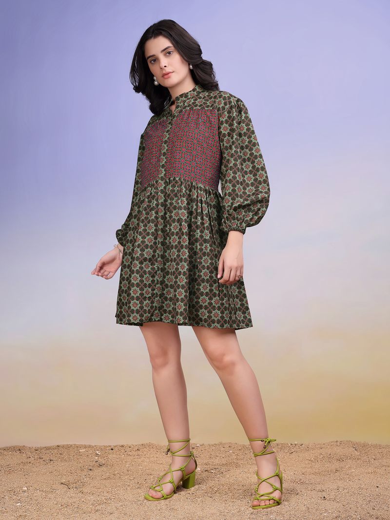 Women's Printed Fit and Flare Stand Collar Green Dress