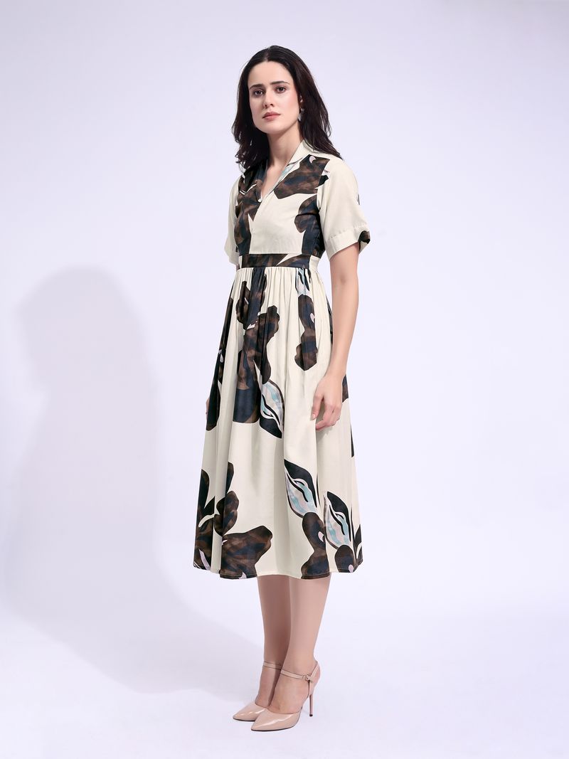 Women's Beige Fit & Flared Midi Stylish Sleeve Dress