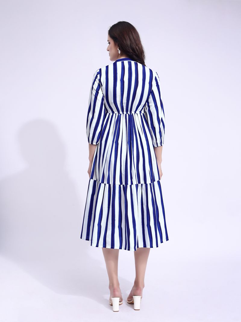 Women's White Fit & Flared Midi Puff Sleeve Dress