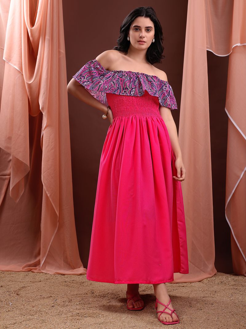 Women's Pink Solid Off Shoulder Sleeveless Dress