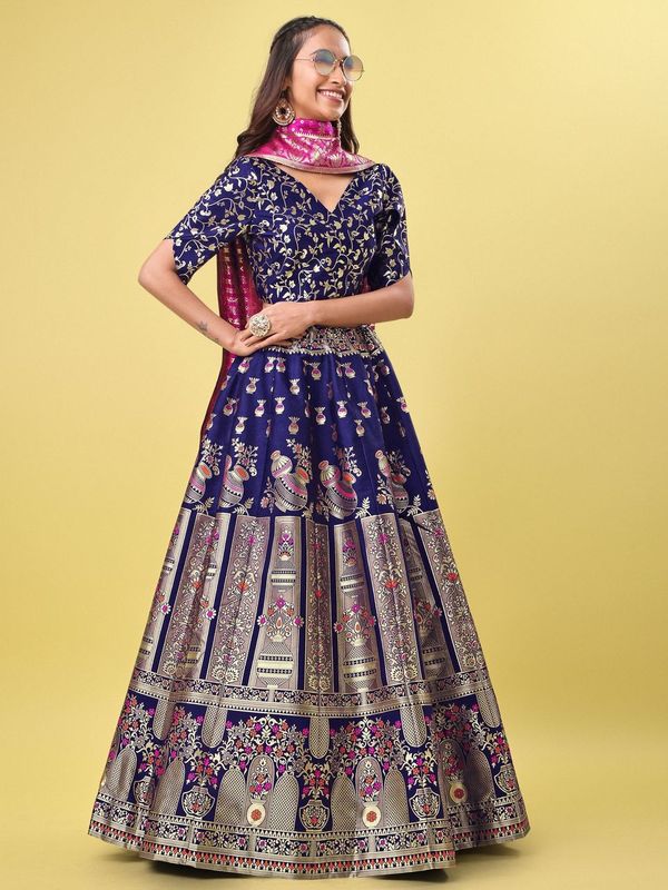 Decorated With Beautiful Flower Motif Navy Blue Lehenga Choli