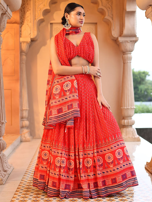 Chiffon Printed With Crochet Work Red Lehenga Choli