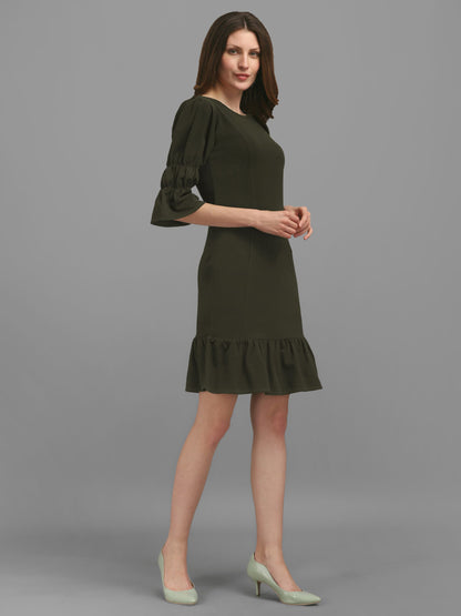 Dark-Olive  Puff Sleeve Bodycon Dress