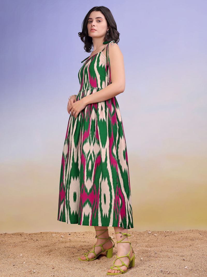 Women's Printed Fit and Flare Square Sleeveless Green Dress