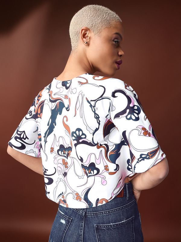 White Round Neck Crop Top For Women