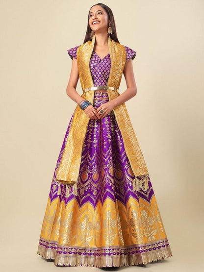 Women Purple Self Design Print Lehenga