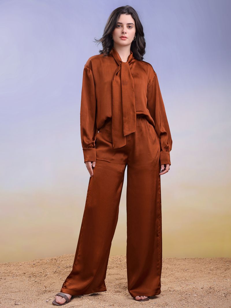 Women's Brown Solid Silk Blend Tie-Up Stylized Co-Ords