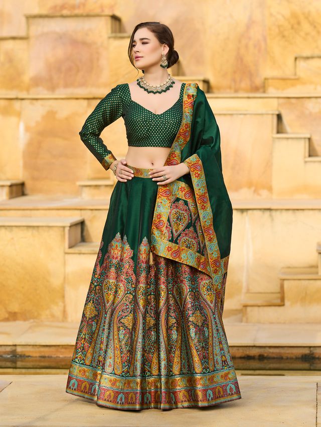 Women's D-Green Jacquard Crape Lehengas