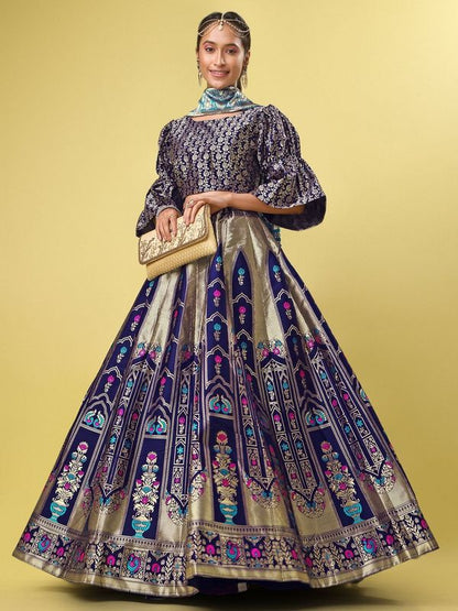 Traditional Navy Blue Jacquard Lehenga Choli