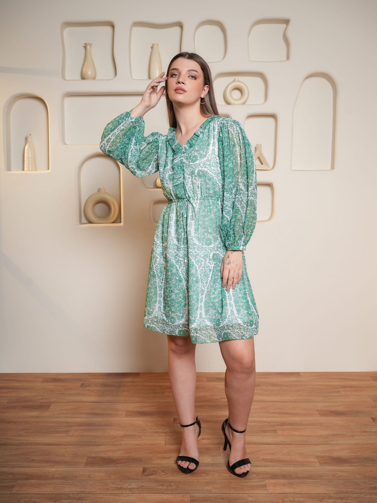 Women Green Fit & Flare Floral Print Dress