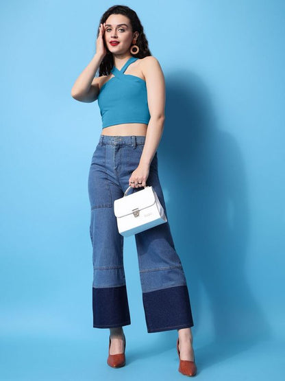 Women Blue Halter Neck Crop Top