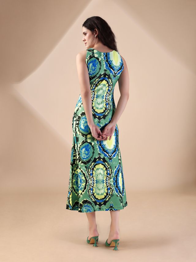 Women's Green Printed Maxi Sleeveless Dress