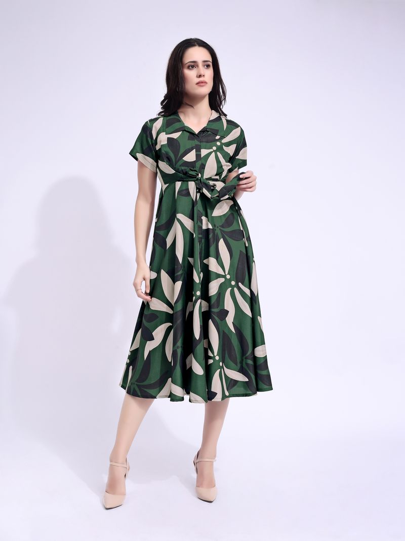 Women's Green Fit & Flared Stylish Sleeve Dress