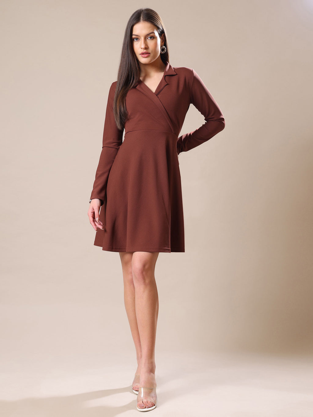 Women's Full Sleeve Fit & Flared Brown Dress