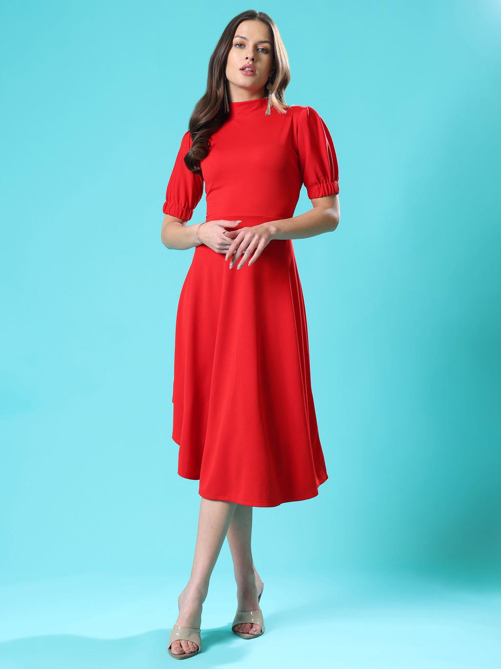 Women's Knee Length Flared Red Dress