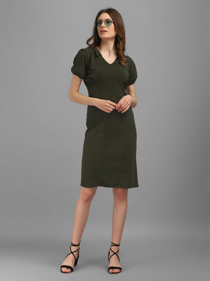 V-Neck Dark-Olive Bodycon Dress