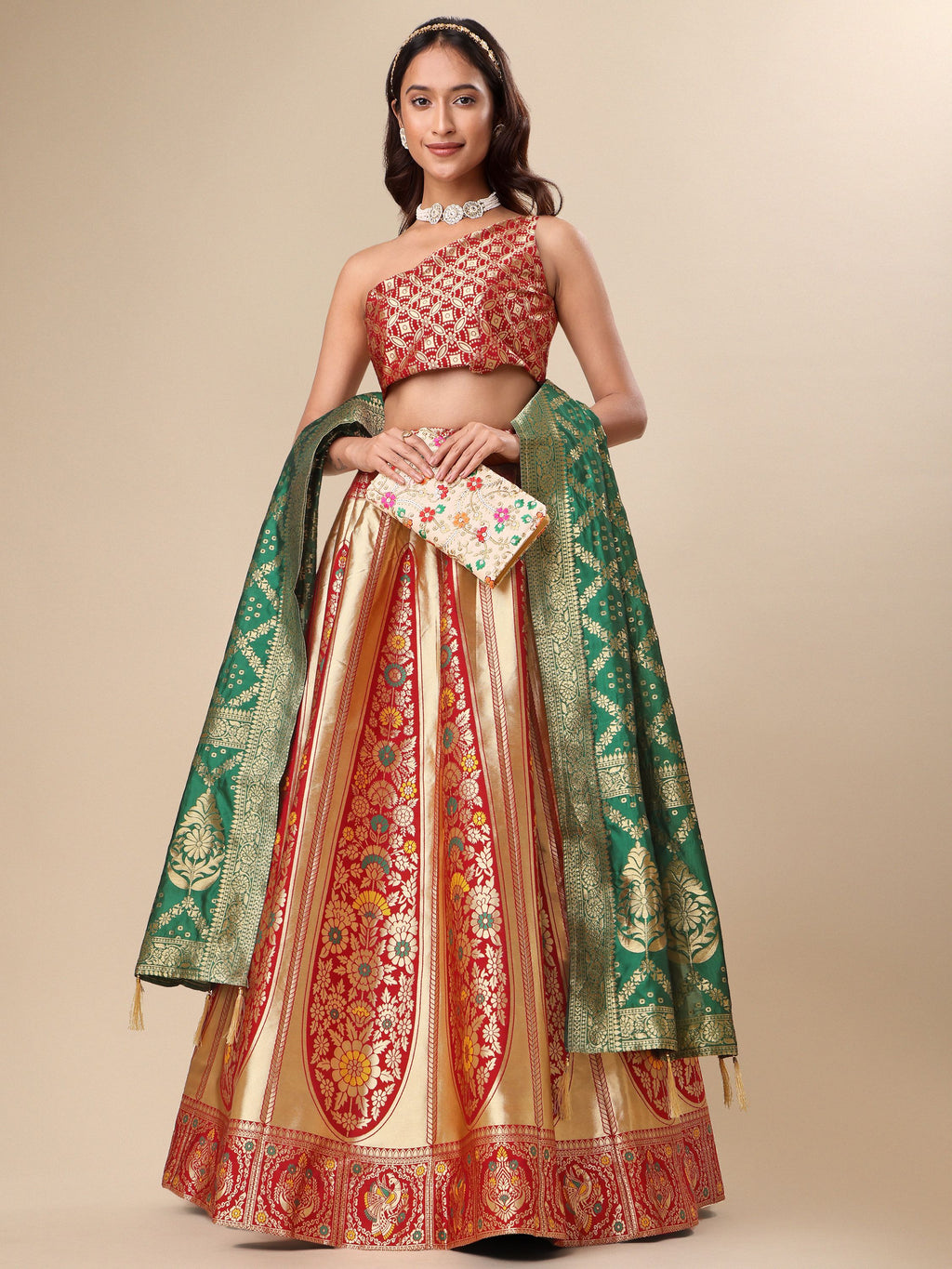 Women Red Floral Print Lehenga