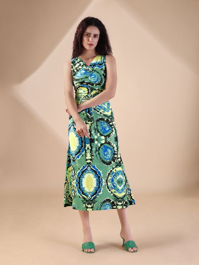 Women's Green Printed Maxi Sleeveless Dress