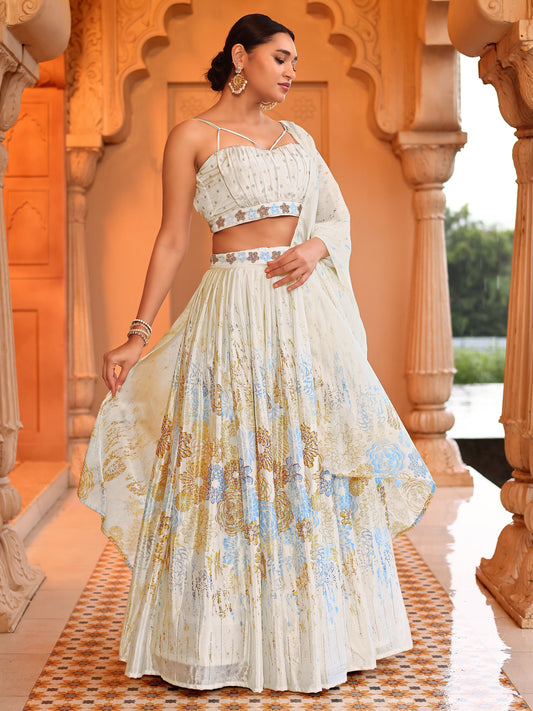 Chinon Printed With Siroski Work Yellow Lehenga Choli