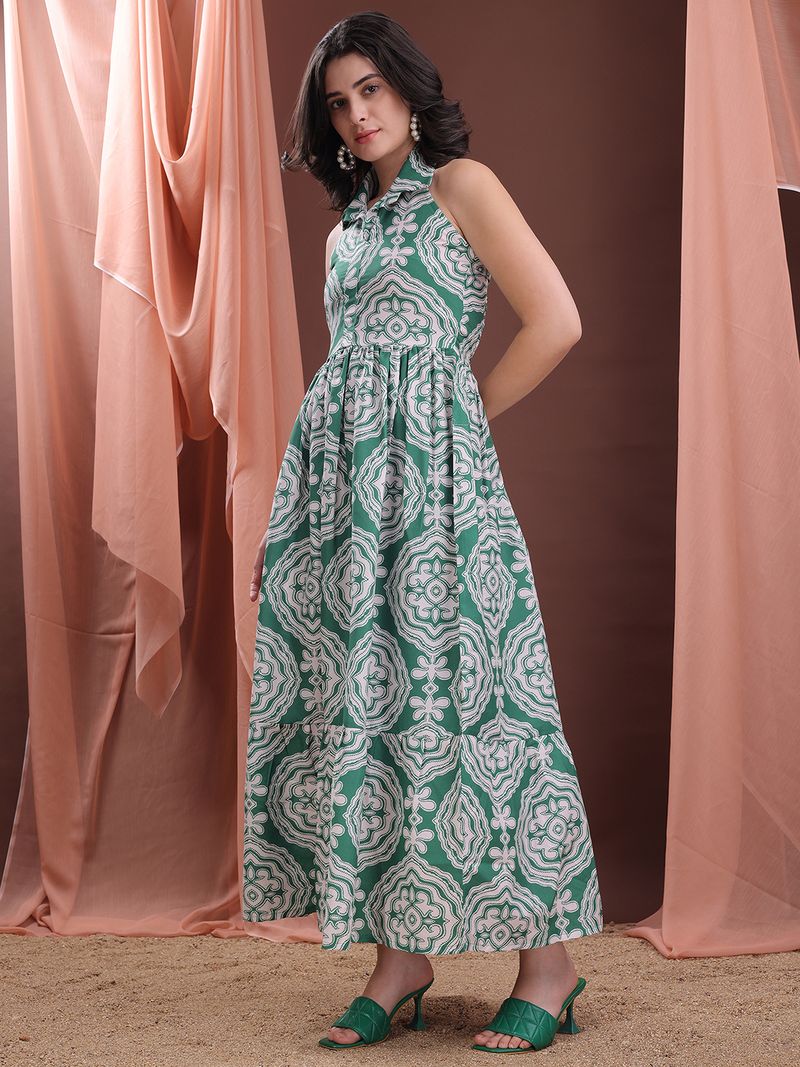 Women's Printed Fit and Flare Maxi Green Dress