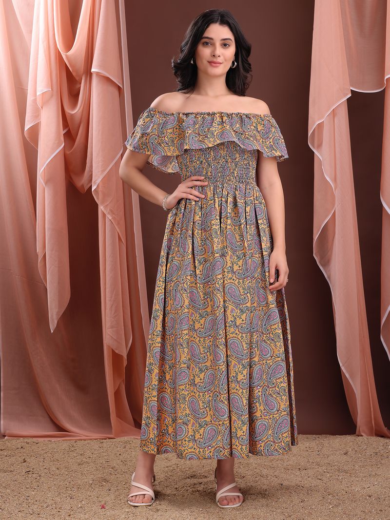 Women's Yellow Printed Off Shoulder Midi Sleeveless Dress