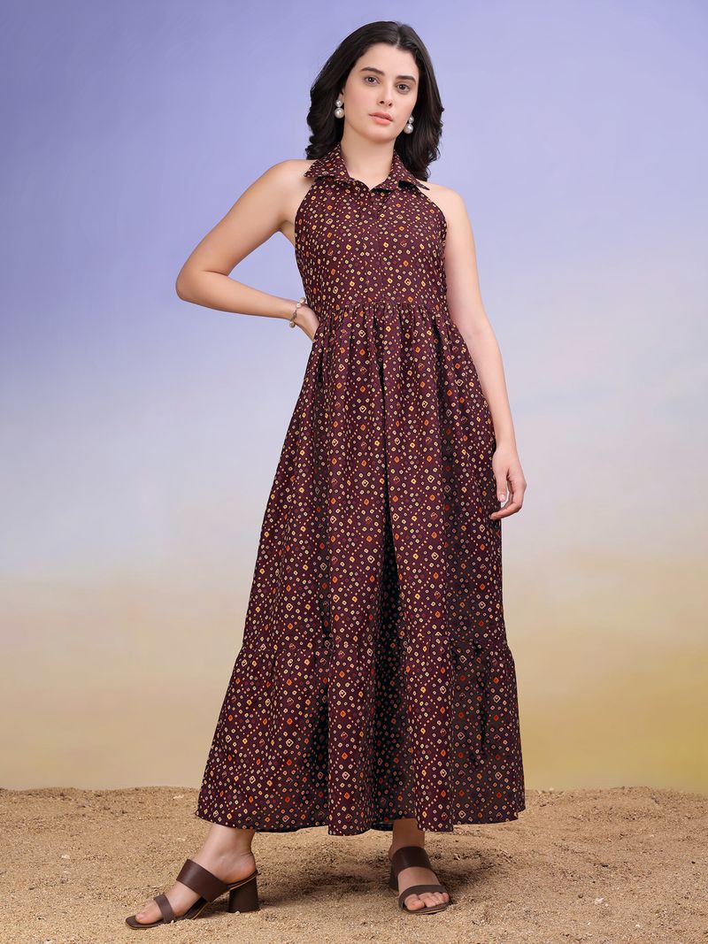 Women's Printed Fit and Flare Maxi Brown Dress