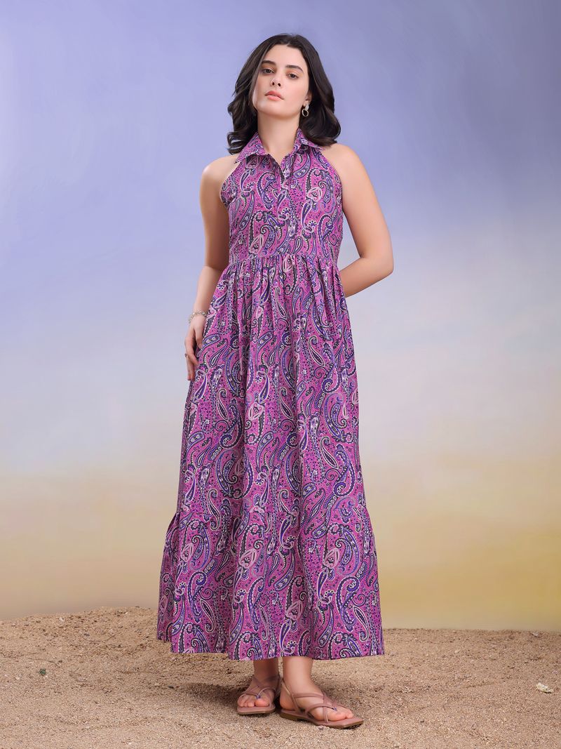 Women's Printed Fit and Flare Maxi Purple Dress