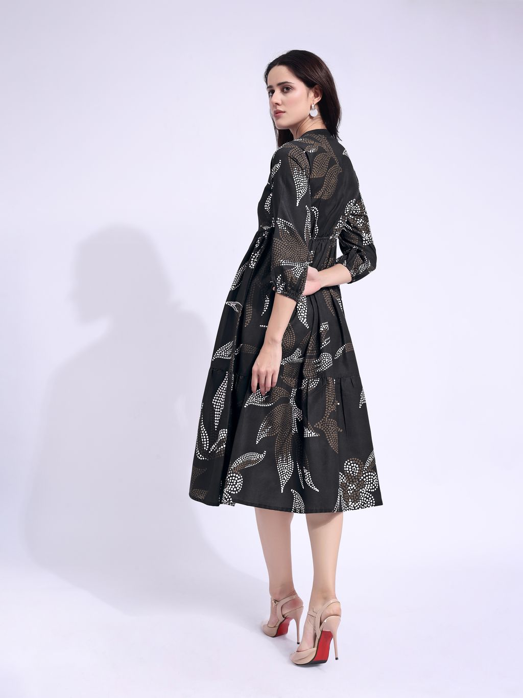 Women's Black Fit & Flared Midi Puff Sleeve Dress