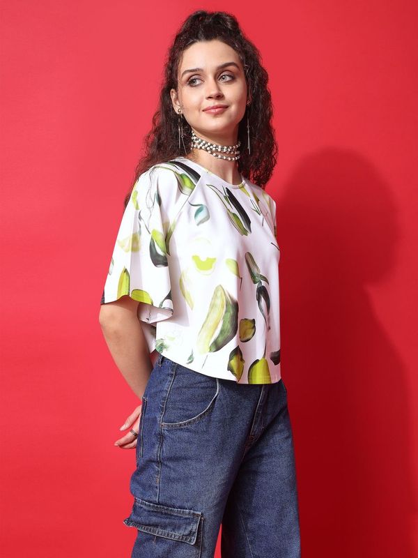 Off White Round Neck Crop Top For Women