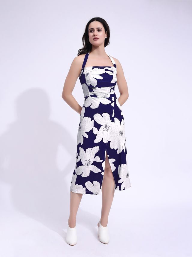 Women's Navy Blue Printed Maxi  Sleeveless Dress