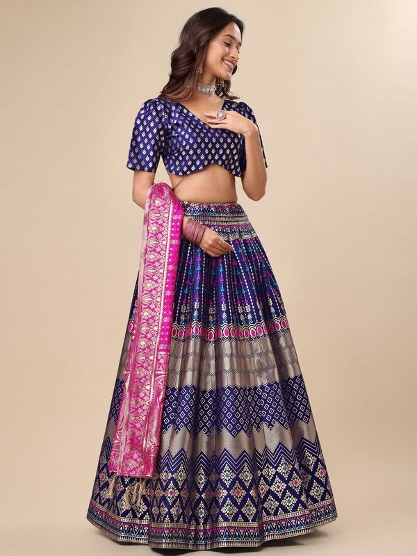 Zari Work Woven Motifs Navy Blue Lehenga choli