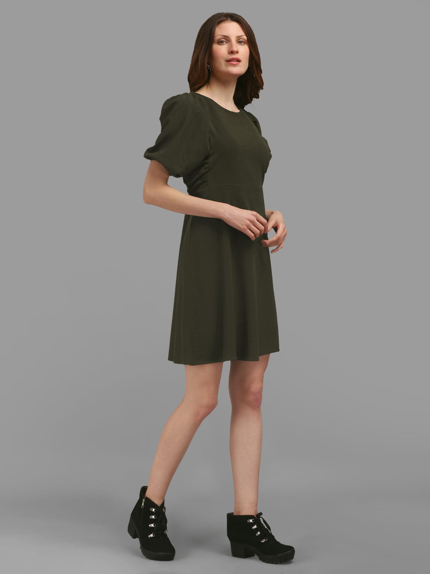 Dark-Olive  Round Neck Puff Sleeve Bodycon Dress