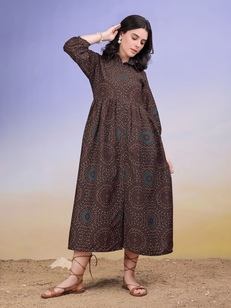 Women's Brown Fit & Flared Shirt Collar Dress