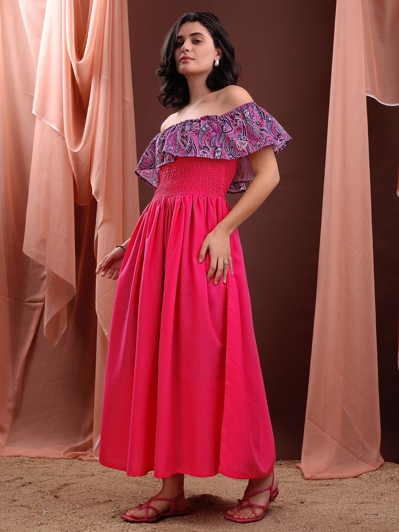 Women's Pink Solid Off Shoulder Sleeveless Dress