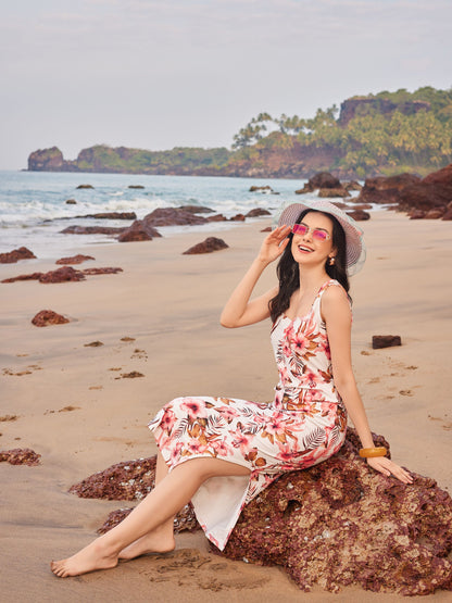 Flower Print  White Bodycon Dress