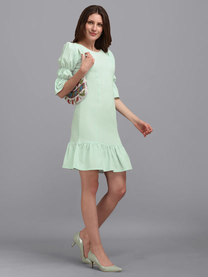 Tea-Green Puff Sleeve Bodycon Dress