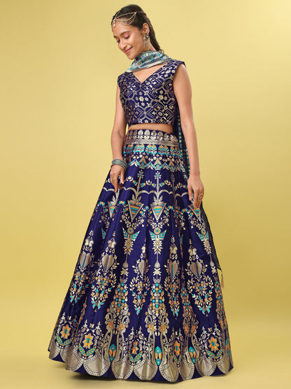 Women Blue Floral Print Lehenga