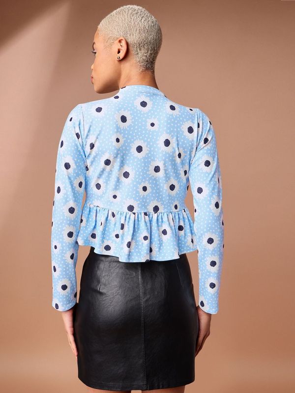 Sky blue Tie-up Neck Peplum Top For Women