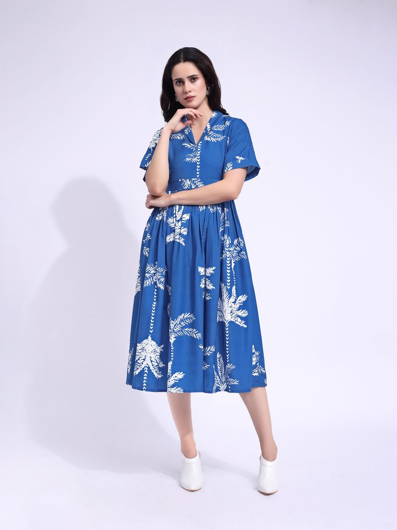 Women's Blue Fit & Flared Midi Stylish Sleeve Dress