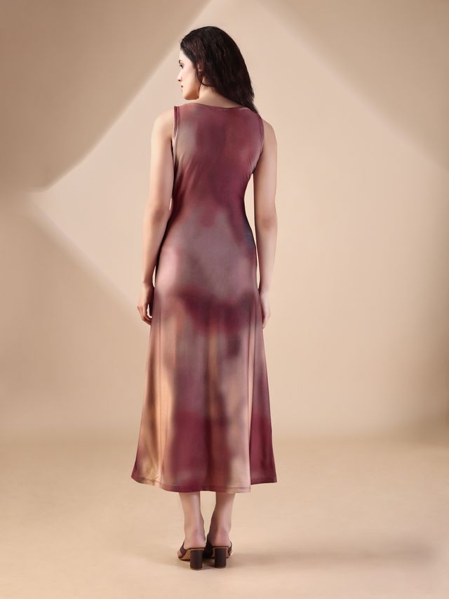 Women's Brown Printed Maxi  Sleeveless Dress