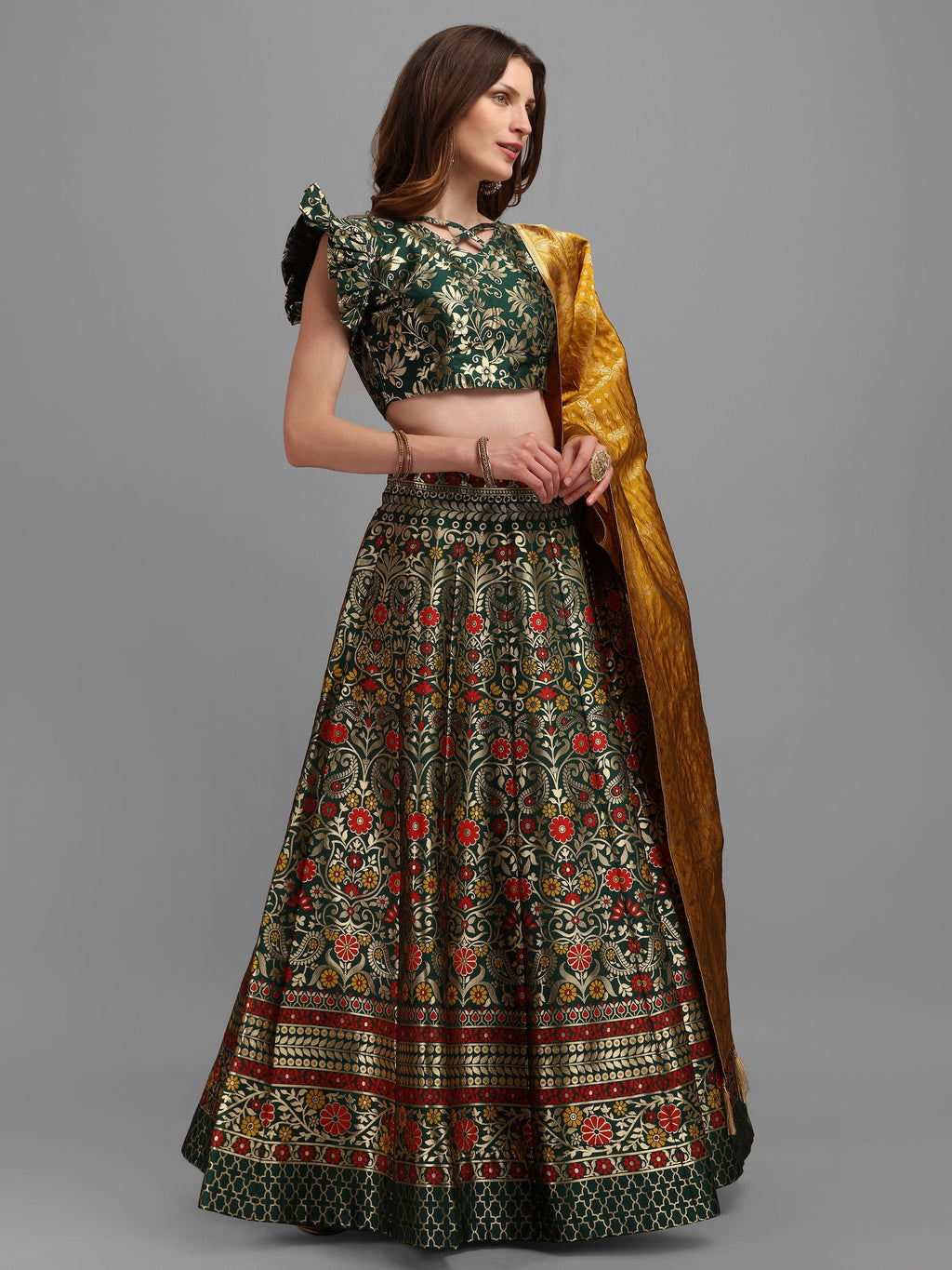 Women Green Self Design Lehenga