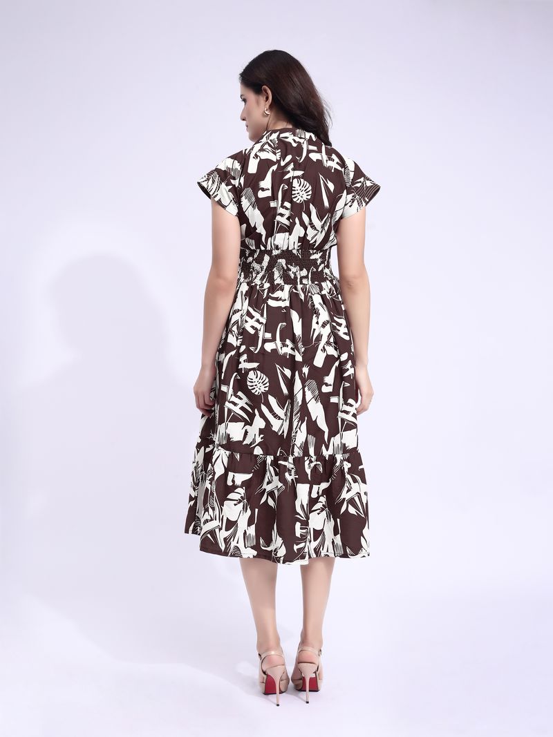 Women's Brown Fit & Flared Midi Cap Sleeve Dress