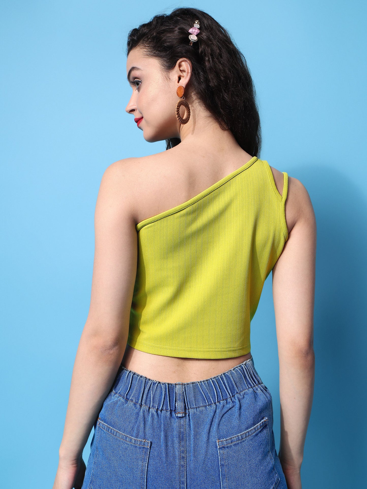 Green Solid Print One Shoulder Top