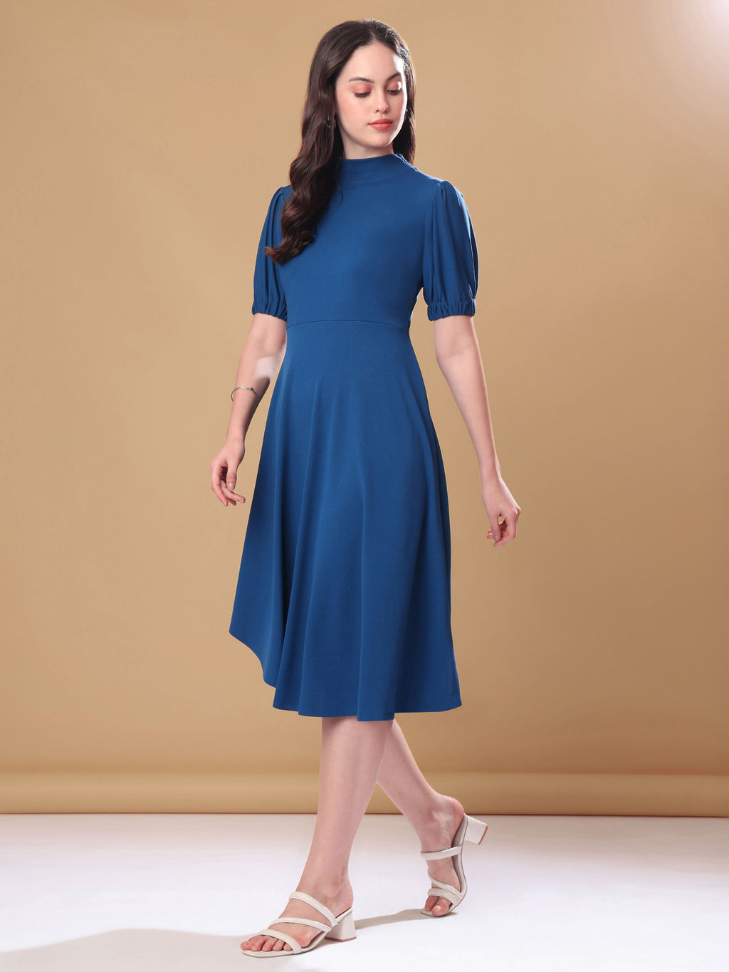 Women's Knee Length Flared Teal Dress
