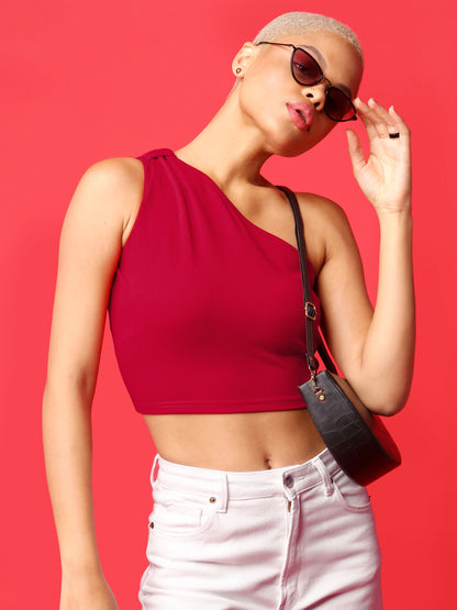 Red Asymmetric Neck Crop Top