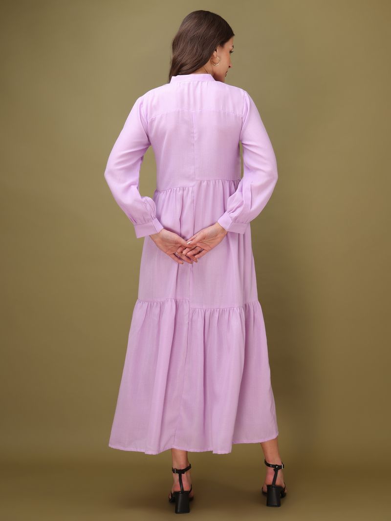 Women's Purple Solid Fit & Flare Midi Puff Sleeve Dress
