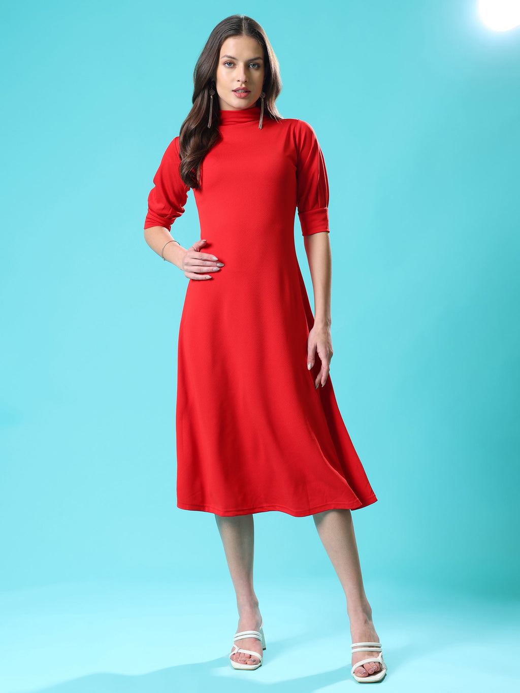 Women's A-Line Elbow Sleeve Red Dress